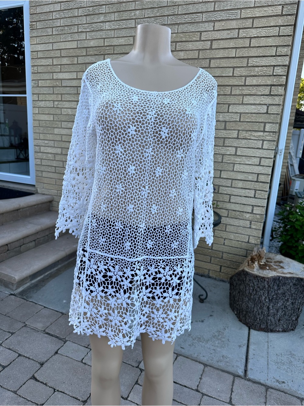 J. Valdi White cotton Crochet Swim Cover-Up Tunic  3/4 sleeves size M